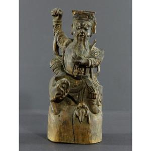Chine, XIXème Siècle Ou Antérieur, Statue Bois Sculpté Chao Kung Ming, Dieu De La Richesse. 