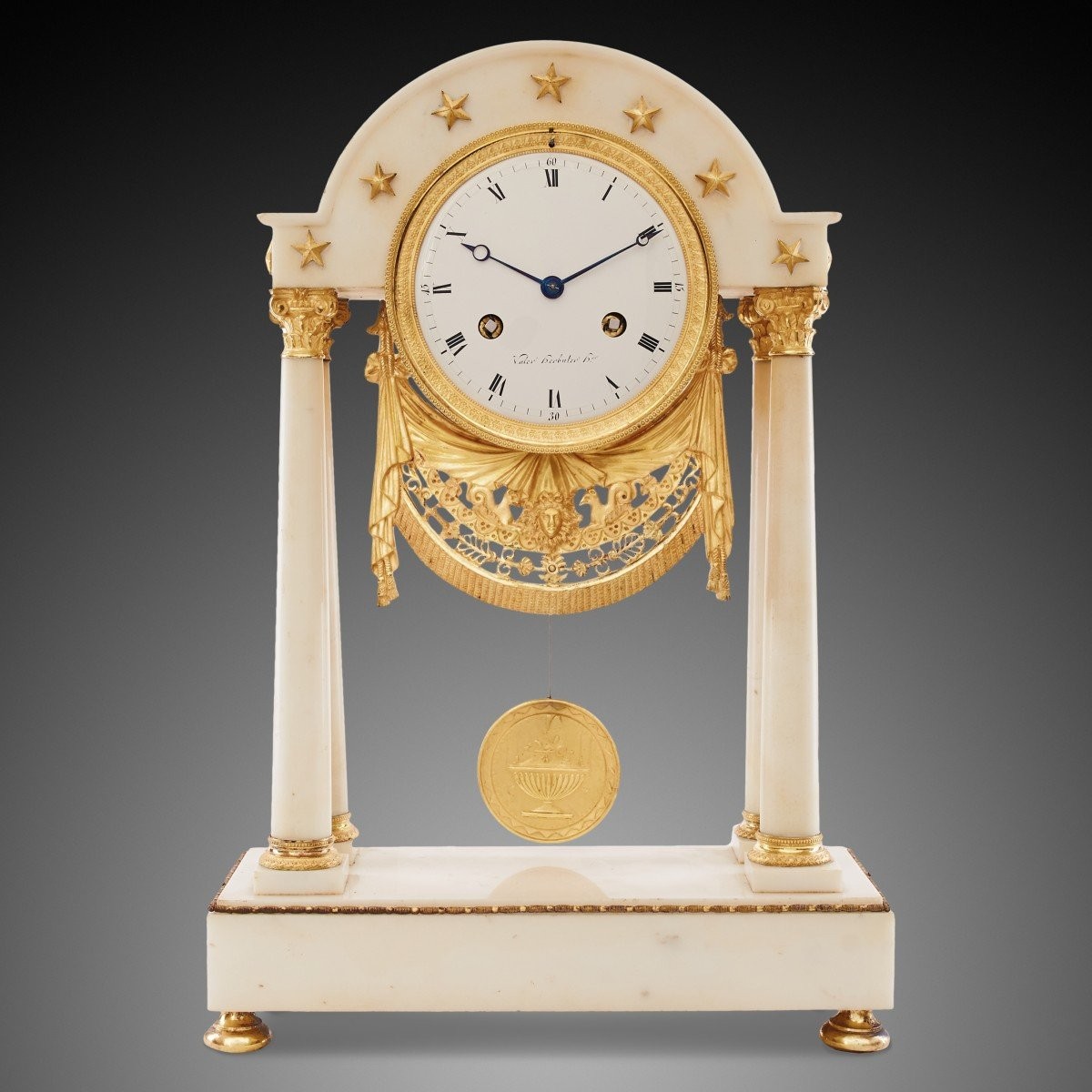 A Bronze Portico Clock, White Marble