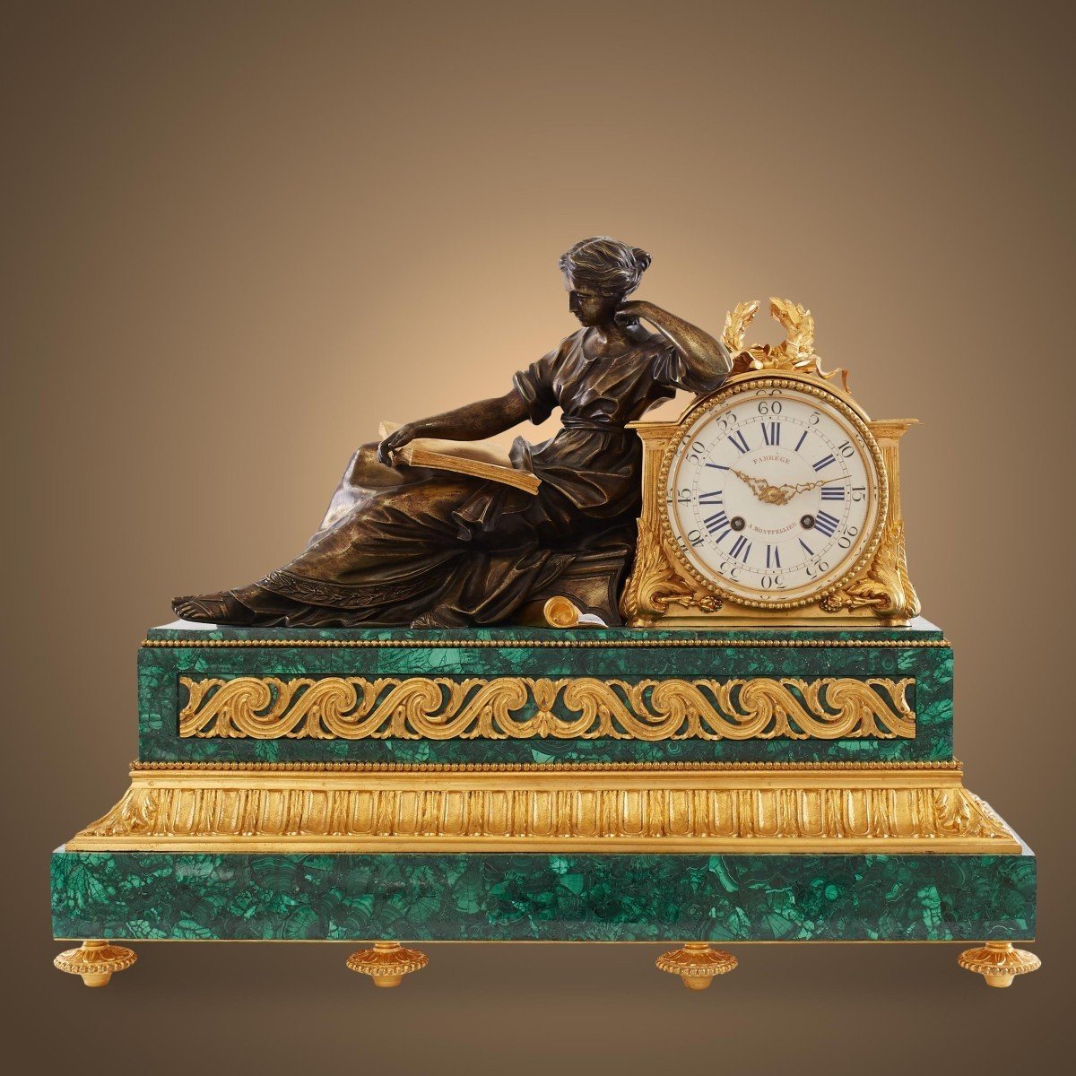 Pendule En Malachite, Ormolu Et Bronze De Style Louis XVI Du 19ème Siècle -photo-3