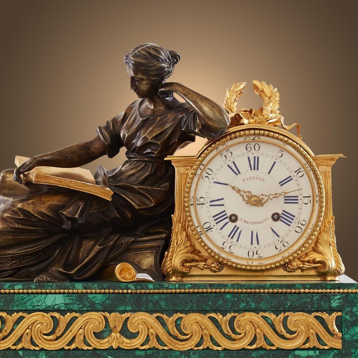 Pendule En Malachite, Ormolu Et Bronze De Style Louis XVI Du 19ème Siècle -photo-2