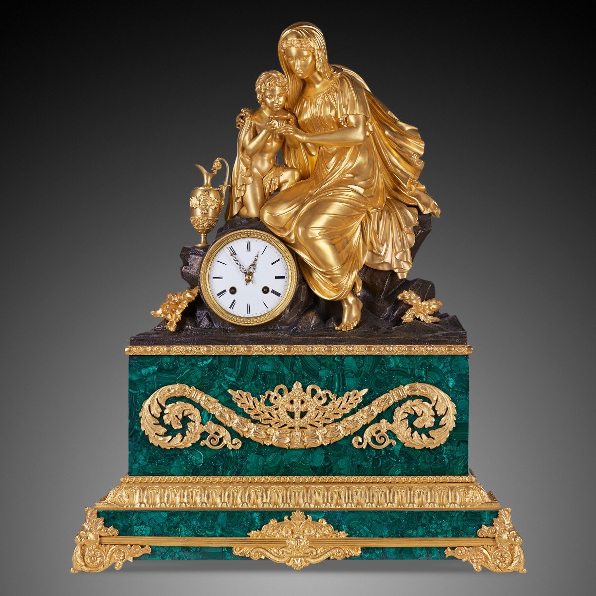 XIXth Louis Philippe Style Desk Clock Inlaid With Malachite