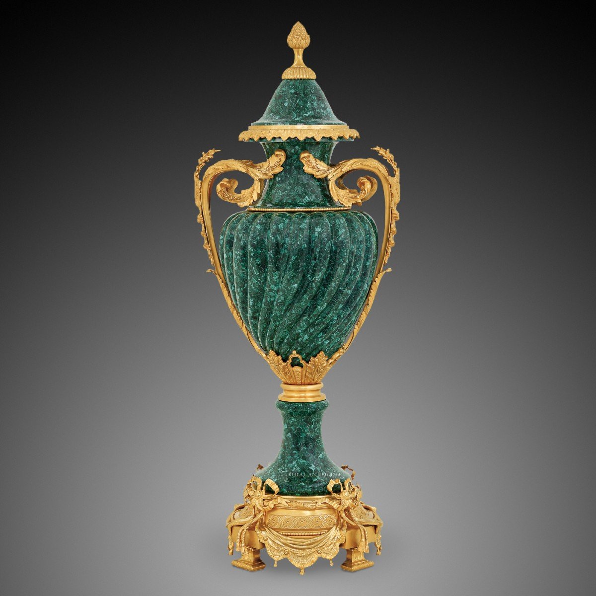 Pair Of Malachite Vases From The 20th Century, Louis XVI Style.-photo-2