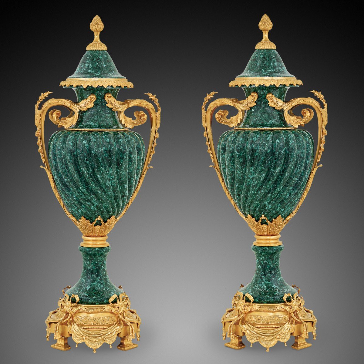 Pair Of Malachite Vases From The 20th Century, Louis XVI Style.