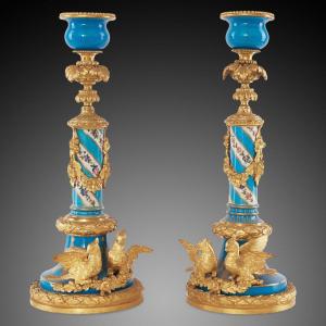 Pair Of Candles In The 19th Century, Louis XVI Style.