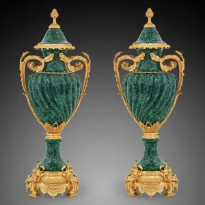 Pair Of Malachite Vases From The 20th Century, Louis XVI Style.