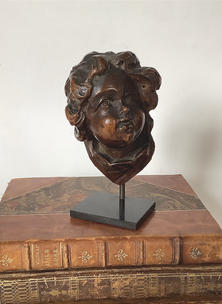 Deux têtes de putti en bois sculpté XVIIIe-photo-2
