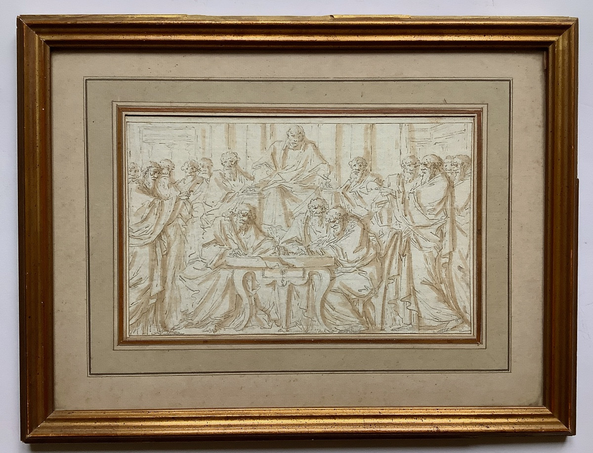 Philibert Benoit Delarue "Assemblée d'hommes en toge"  Dessin et sepia . XVIIIe