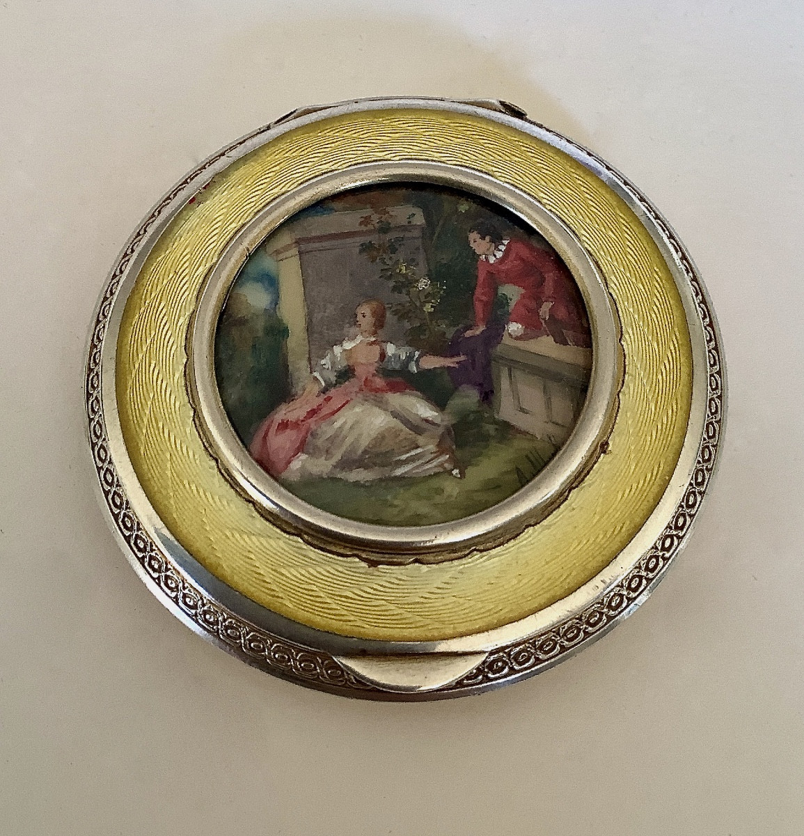 Silver And Enamel Poudrier With Miniature Decoration