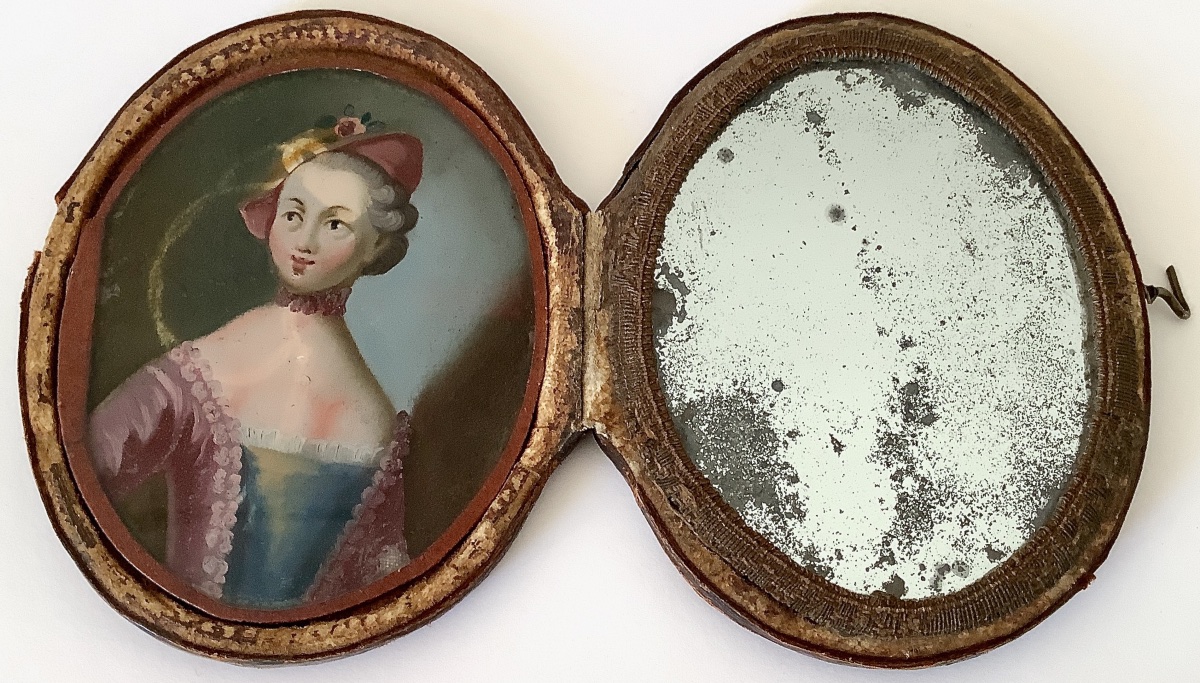 Objet de sentiment : Portait miniature fixé sous-verre et miroir en étui-photo-4