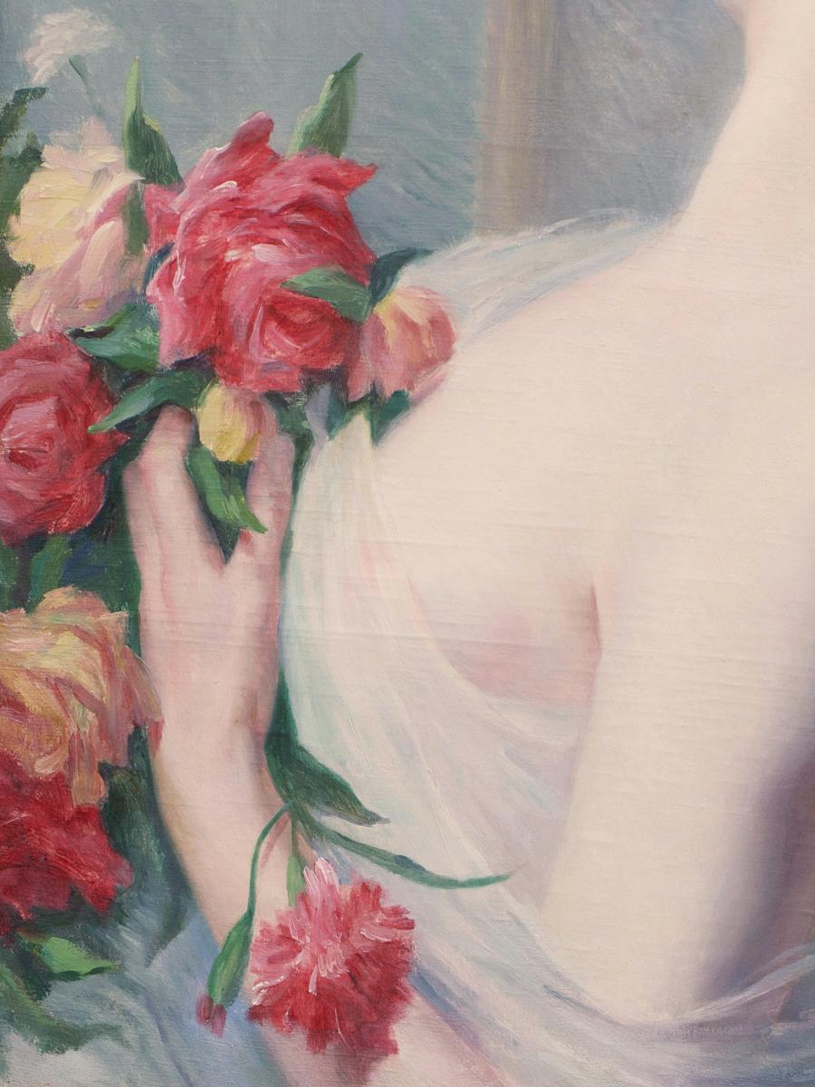 Gustave Lemaître «  Young Lady With Roses » Painting-photo-2
