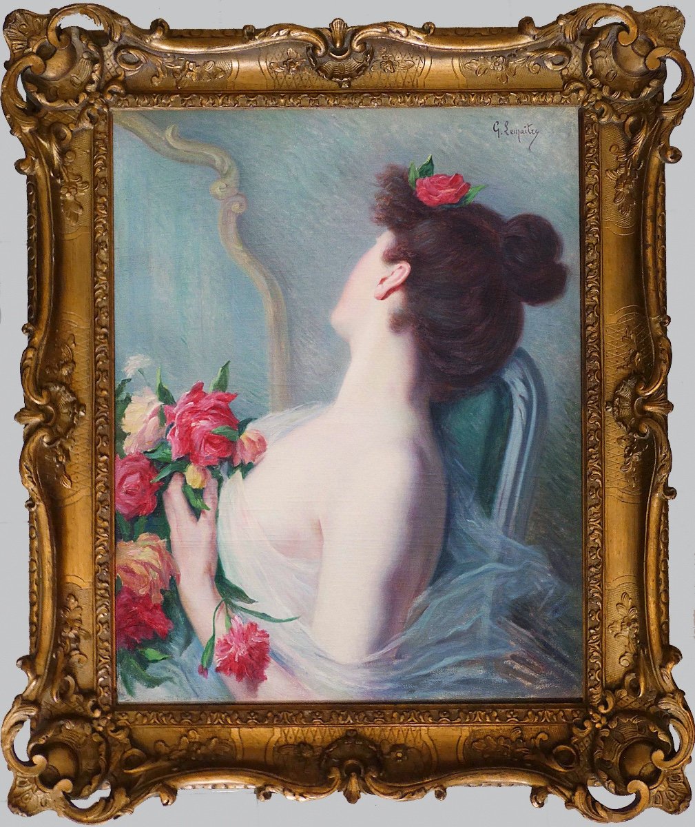 Gustave Lemaître «  Young Lady With Roses » Painting