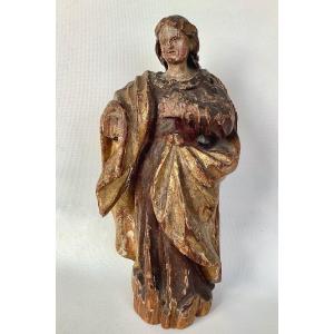 Madonna In Polychrome Golden Carved Wood. Seventeenth Century