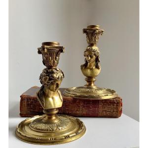 Ariadne And Antinous. Pair Of Small Bronze Candlesticks