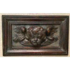 Carved Wooden Angel Head On Framed Wooden Panel