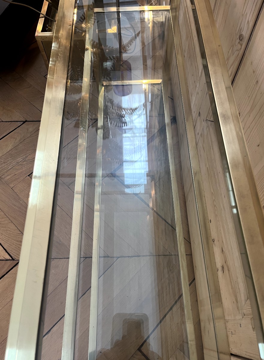 Console laiton doré à trois plateaux de verre  Italie 1970-photo-1