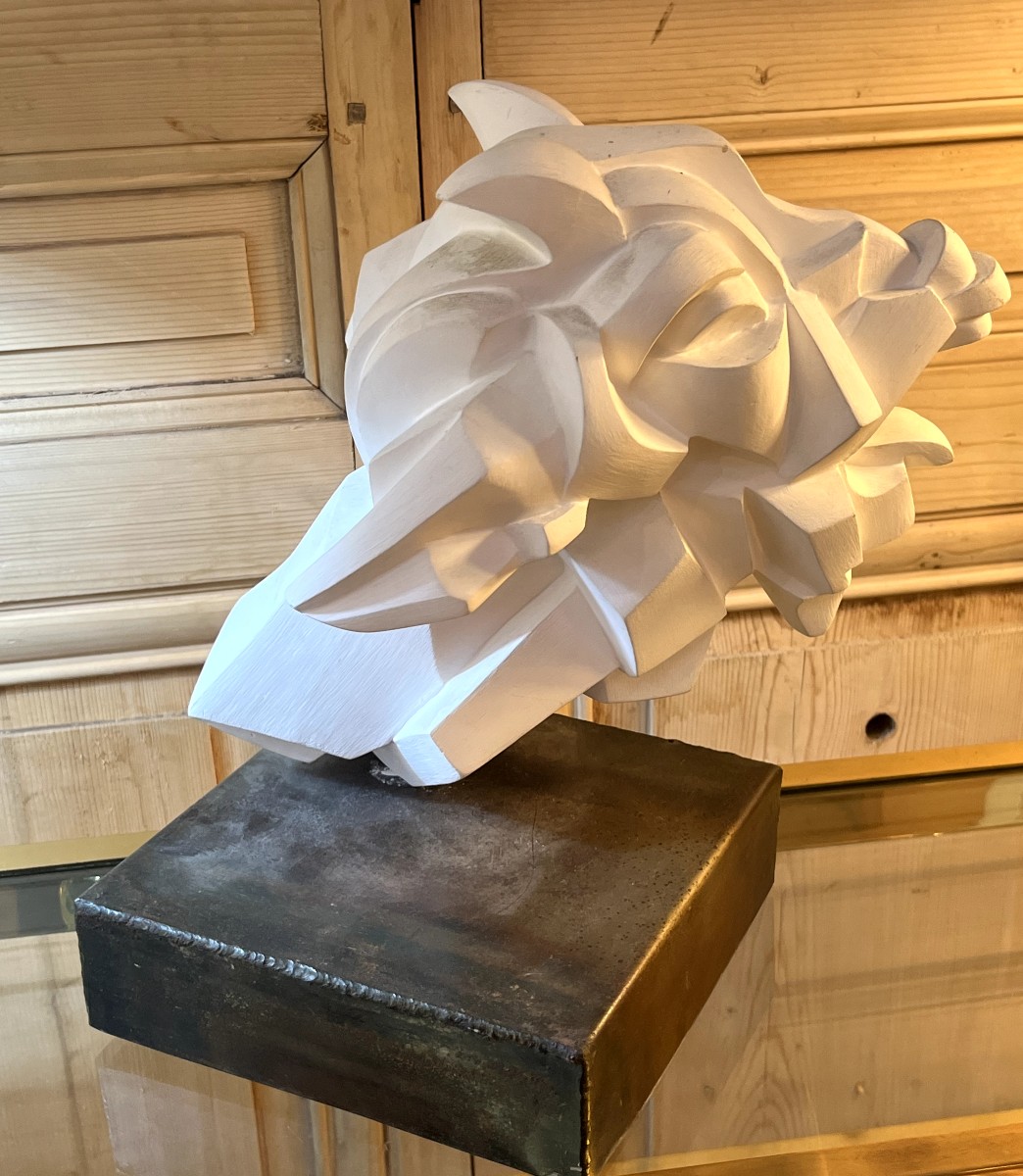 Perrine Le Bars (1977)  Tête de Chèvre stylisée en plâtre sur socle en acier  -photo-2