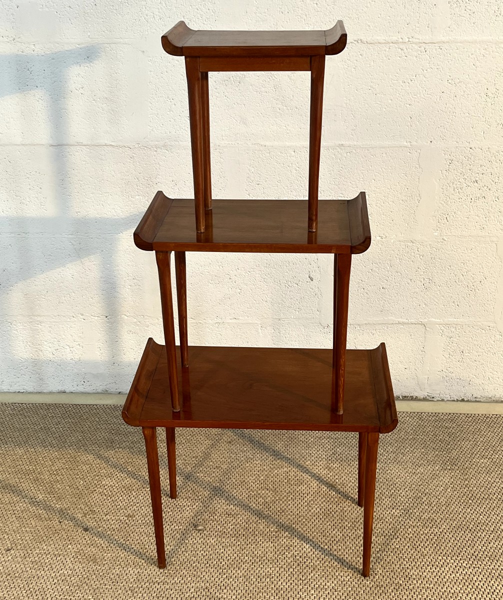 Set Of Three Nesting Coffee Tables In A Japanese Style, Mahogany, France, 1950-photo-2
