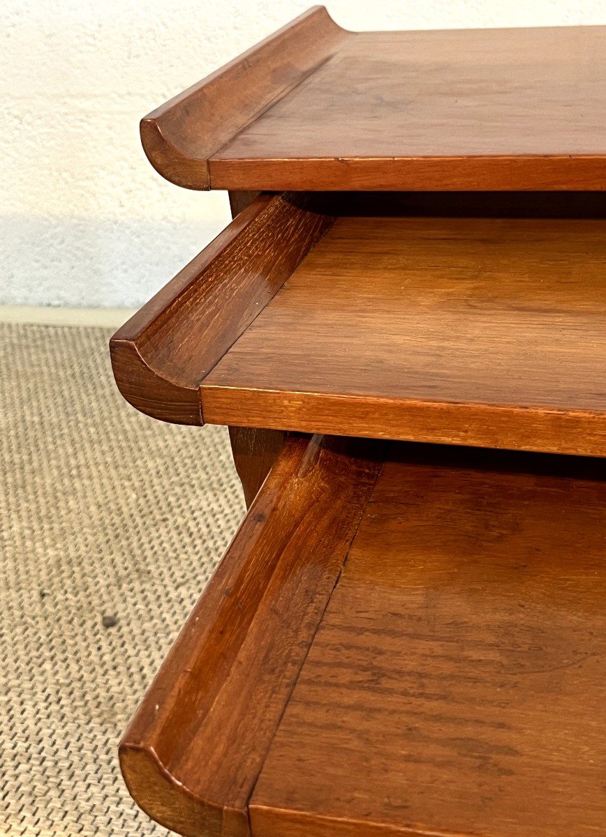 Set Of Three Nesting Coffee Tables In A Japanese Style, Mahogany, France, 1950-photo-4