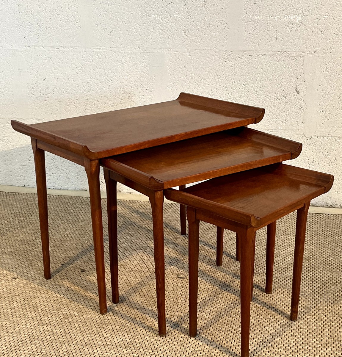 Set Of Three Nesting Coffee Tables In A Japanese Style, Mahogany, France, 1950
