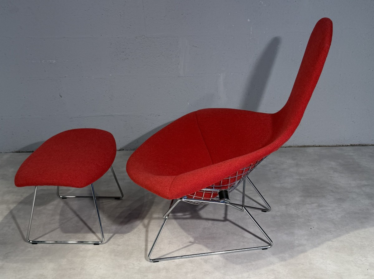 Fauteuil Bertoia High-Back Chair, ou « Bird Chair » et son repose-pieds. Édition Knoll.-photo-6