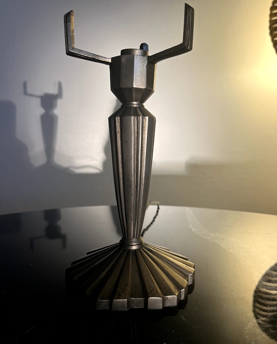 Lampe Art Déco à piètement en bronze à finition nickelée France 1930-photo-3