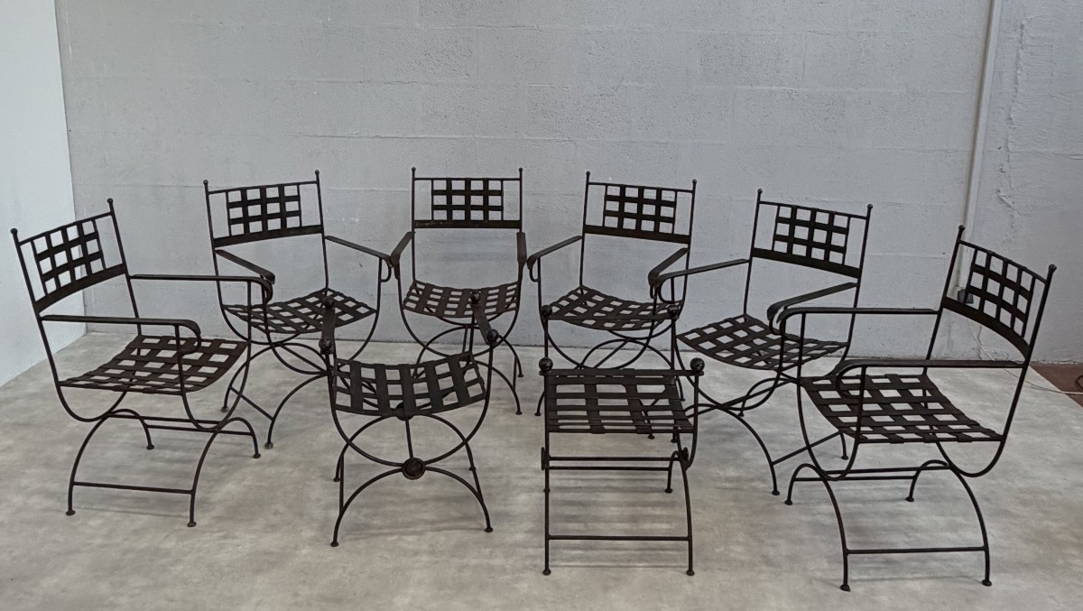 Suite Of 6 Curule-shaped Armchairs And 2 Stools, Made In The 1990s-photo-2