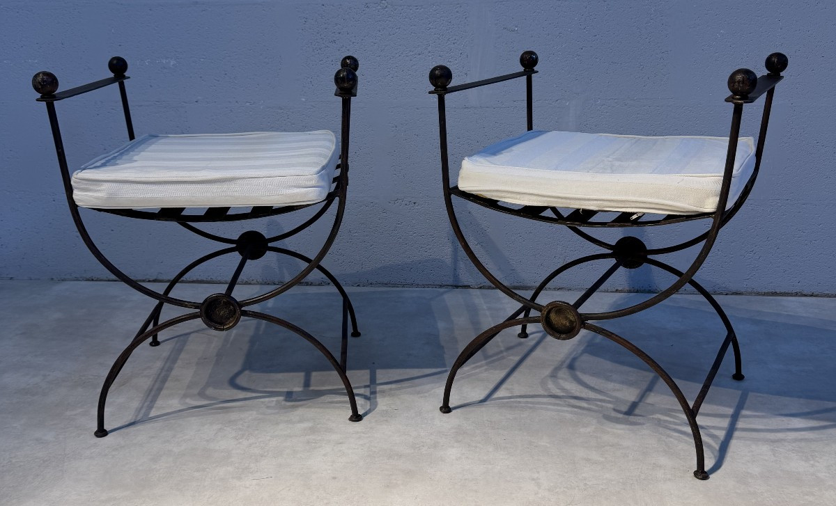 Suite Of 6 Curule-shaped Armchairs And 2 Stools, Made In The 1990s-photo-3