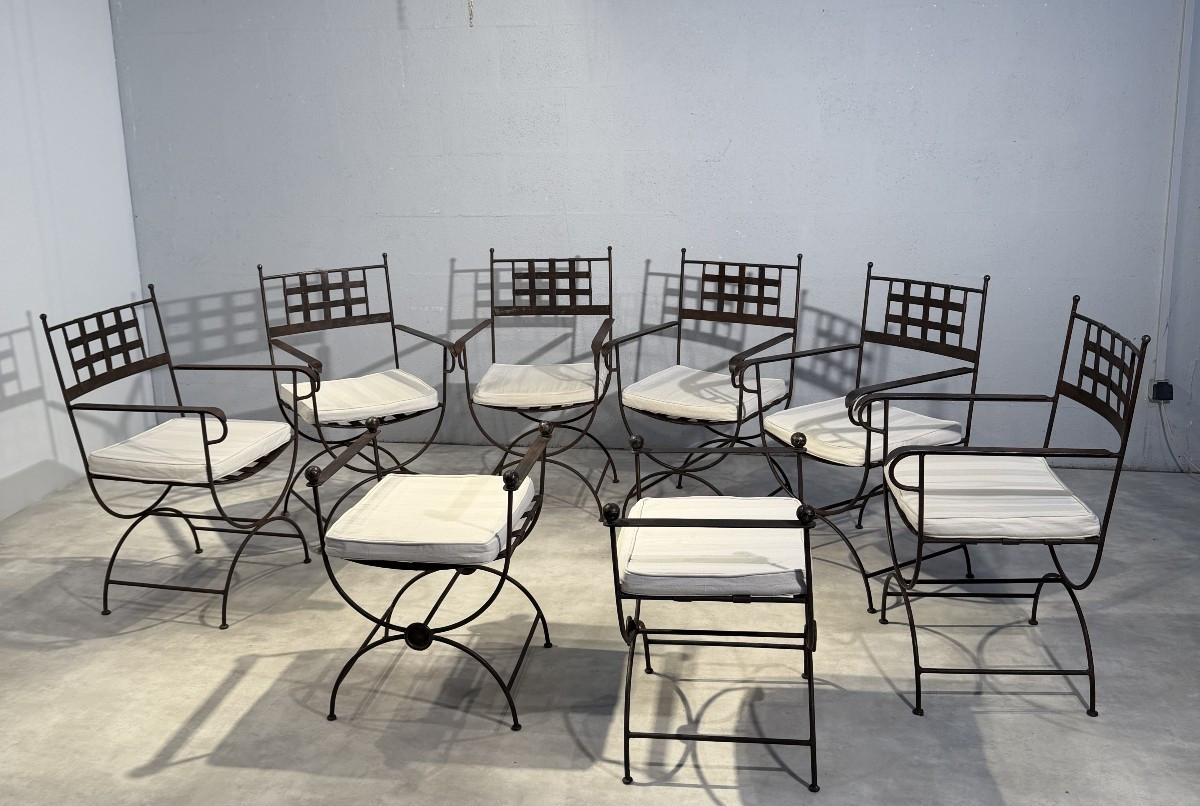 Suite Of 6 Curule-shaped Armchairs And 2 Stools, Made In The 1990s
