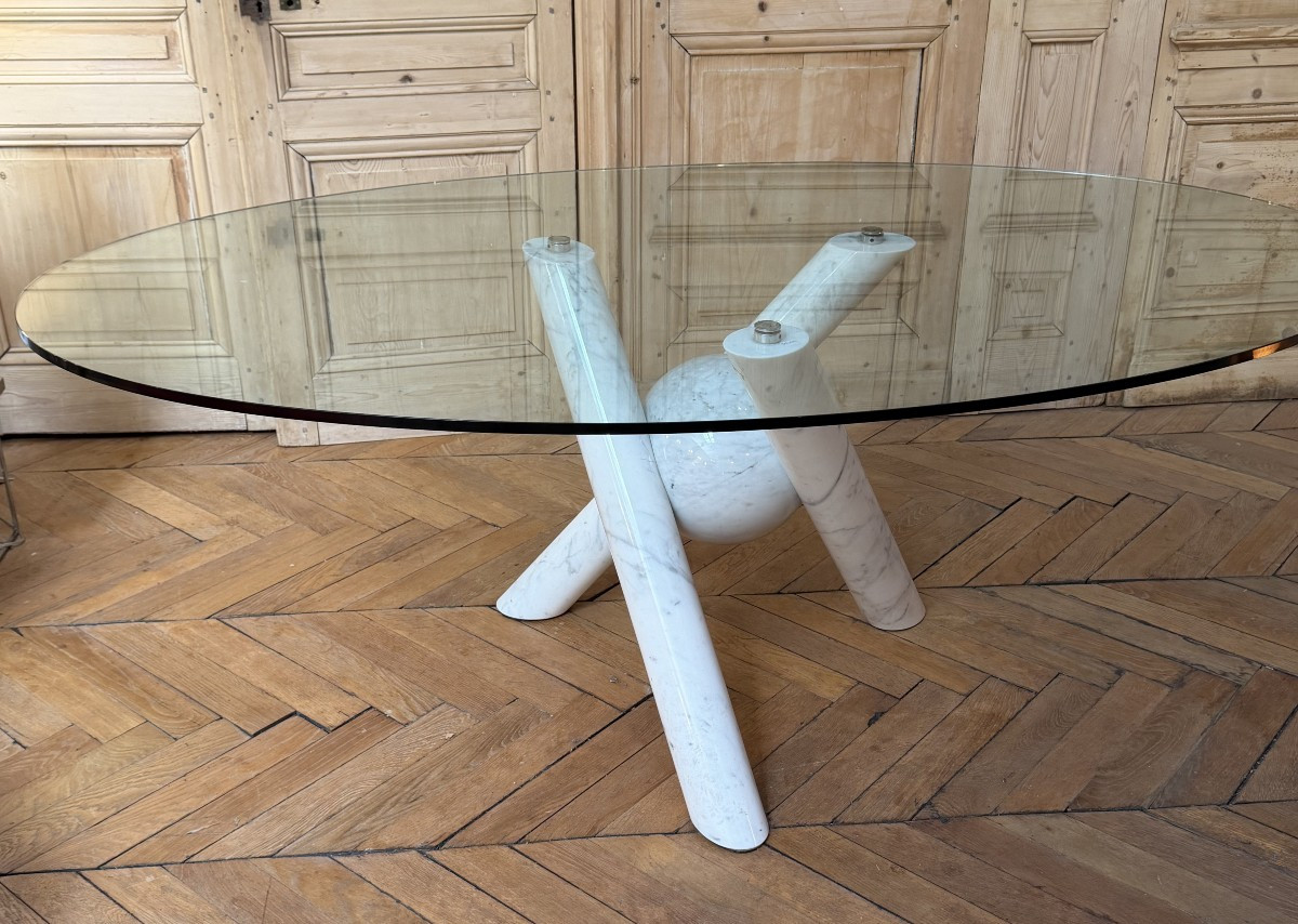 Ligne Roset Table Glass Top Marble Leg France 1970-photo-4