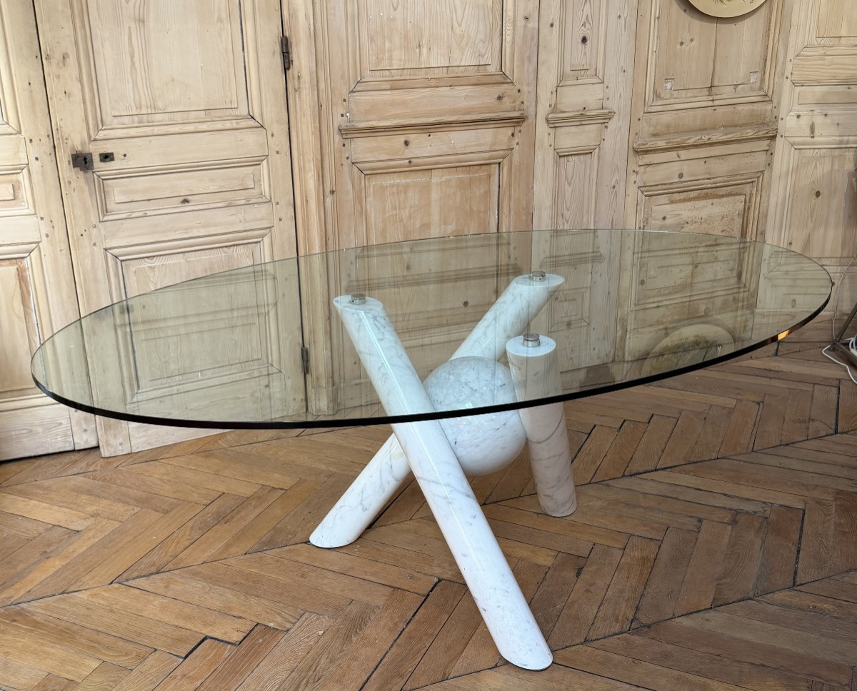 Ligne Roset Table Glass Top Marble Leg France 1970