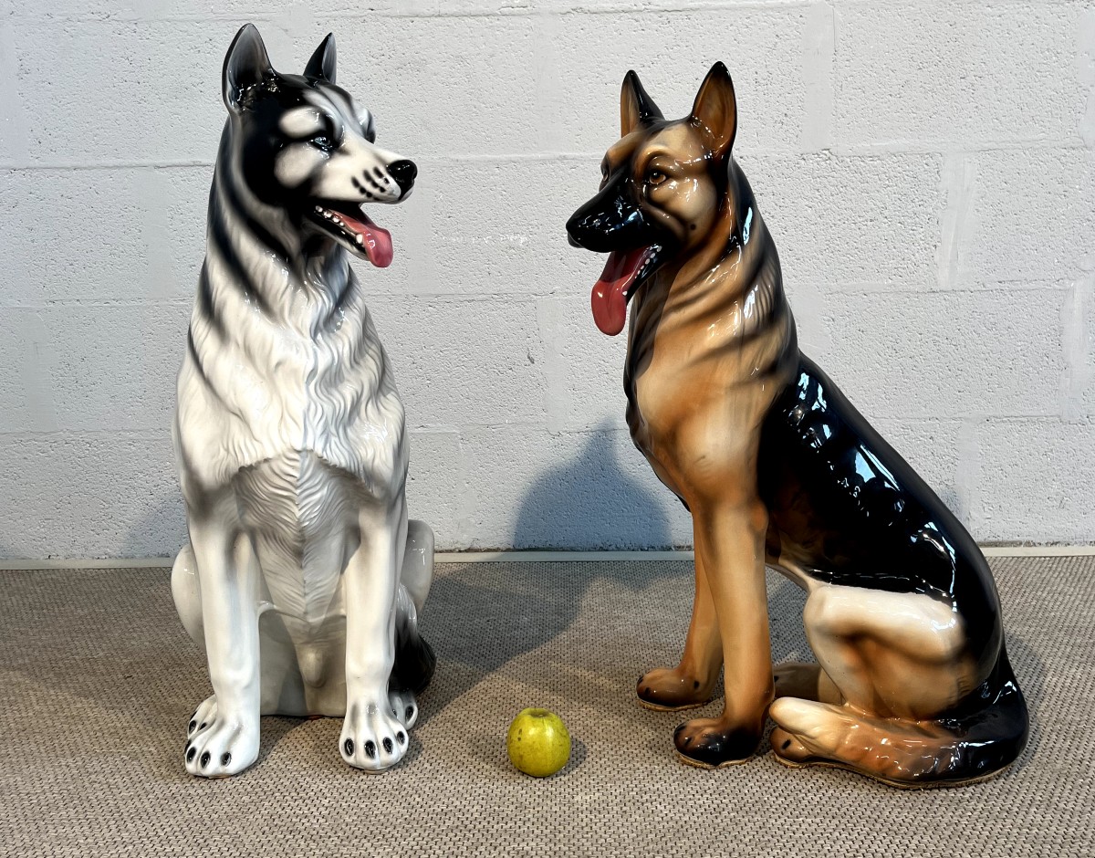 Sculpture chien Berger Allemand & Husky  taille réelle en céramique Années 60-photo-2