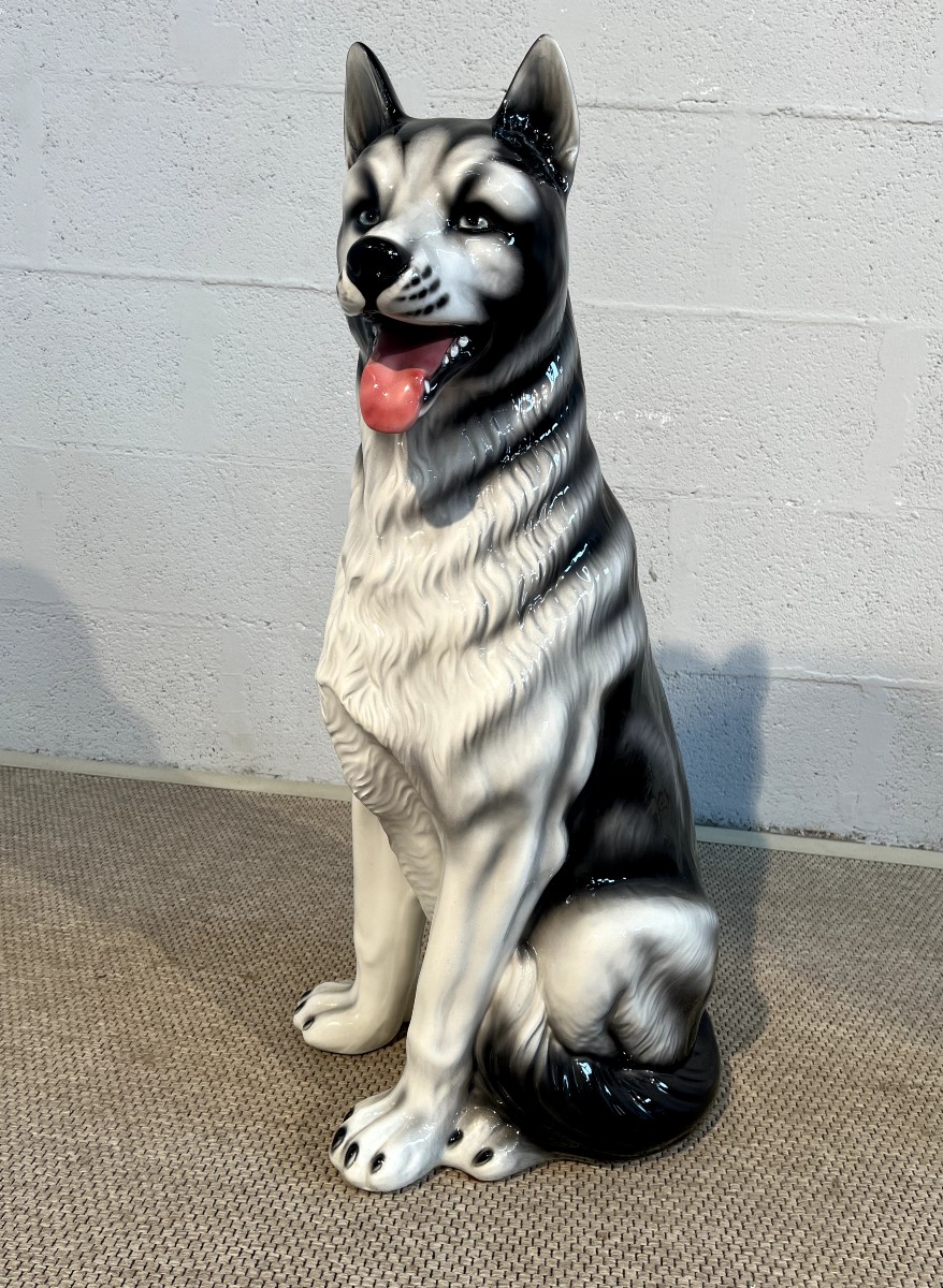 Sculpture chien Berger Allemand & Husky  taille réelle en céramique Années 60-photo-3