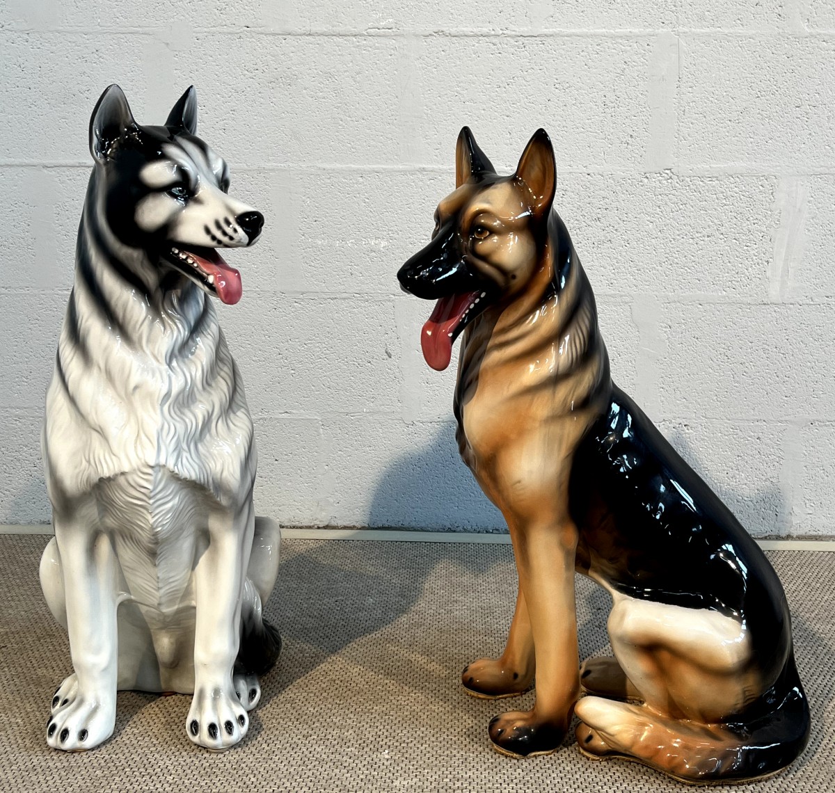 Sculpture chien Berger Allemand & Husky  taille réelle en céramique Années 60