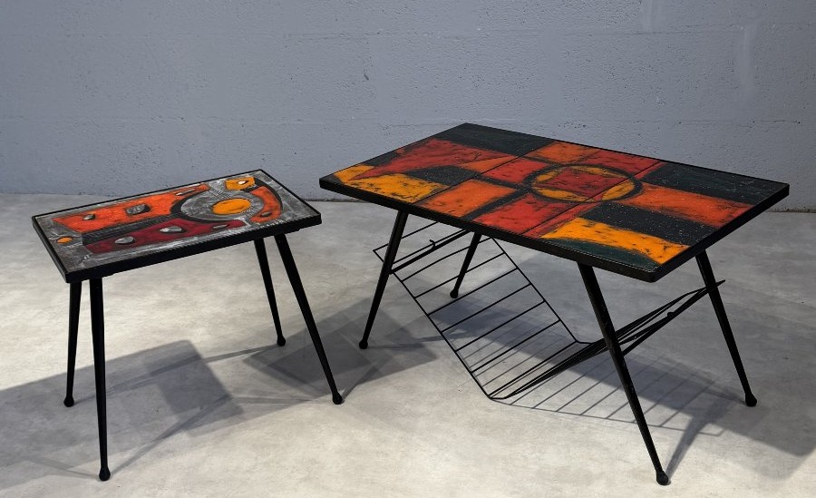 Paire de tables basses en céramique de pierre de lave émaillée des frères Cloutier 
