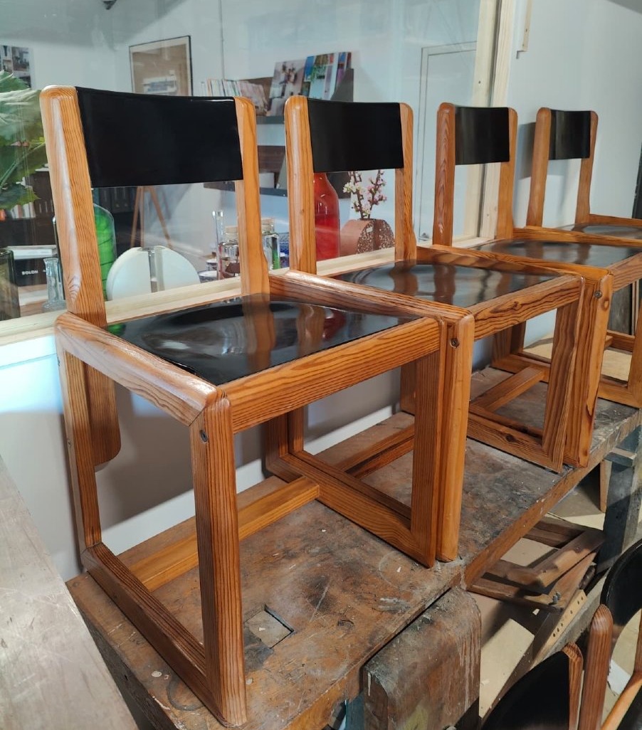 Set Of Ten André Sornay Chairs, Black Lacquer And Solid Pine, Lyon, Circa 1960