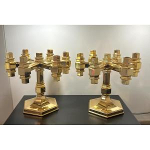 Gusum Metallslojden (publisher) Pair Of Candlesticks Candelabra In Solid Brass