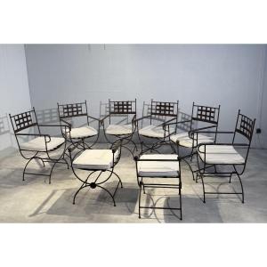 Suite Of 6 Curule-shaped Armchairs And 2 Stools, Made In The 1990s