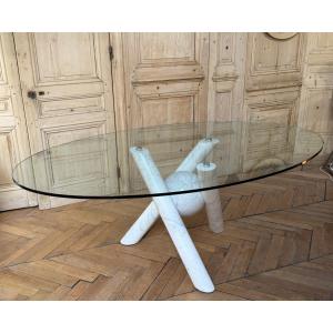 Ligne Roset Table Glass Top Marble Leg France 1970