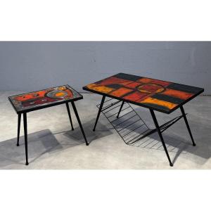 Pair Of Glazed Lava Stone Ceramic Coffee Tables By The Cloutier Brothers