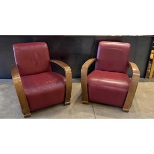 Pair Of Art Deco-style Leather Armchairs With Curved Wooden Armrests