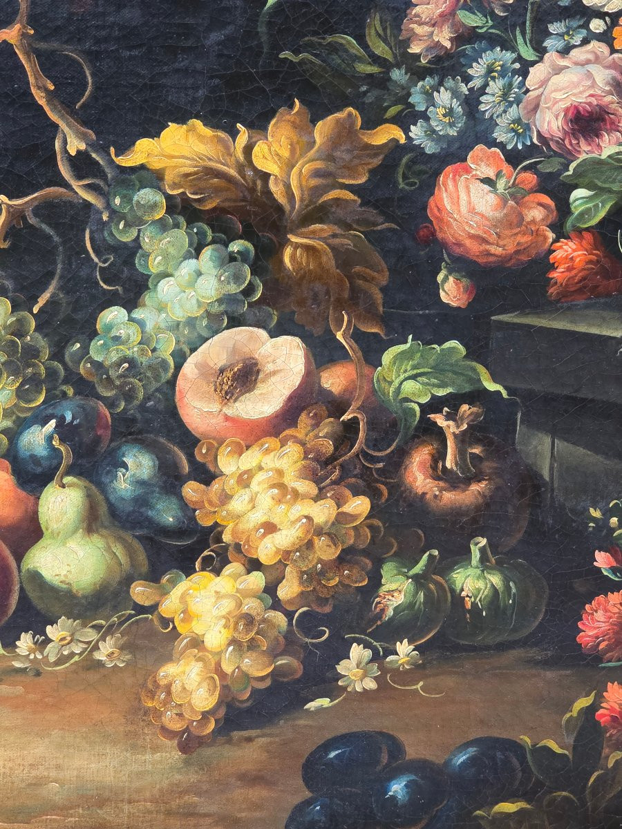 Peinture ancienne Nature morte aux fleurs et aux fruits-photo-3