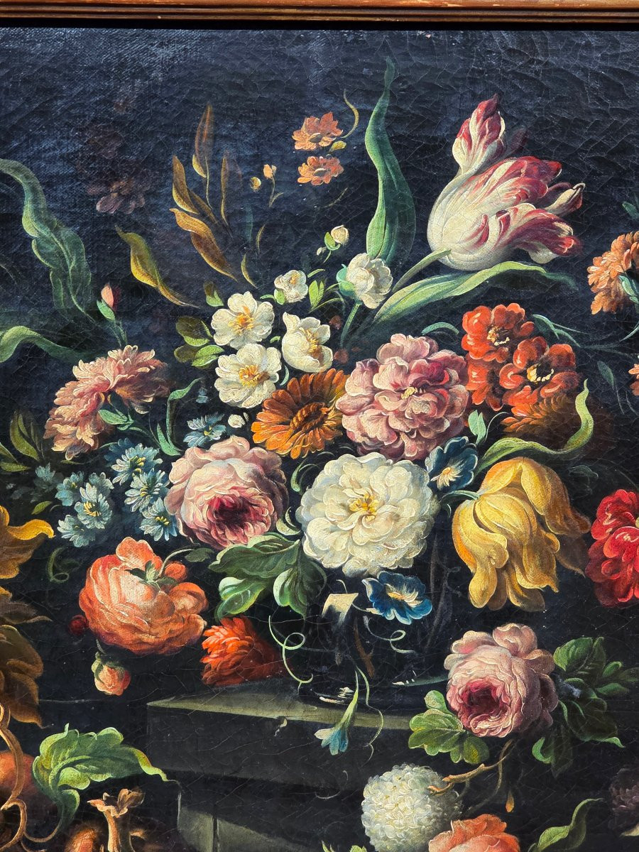 Peinture ancienne Nature morte aux fleurs et aux fruits-photo-4