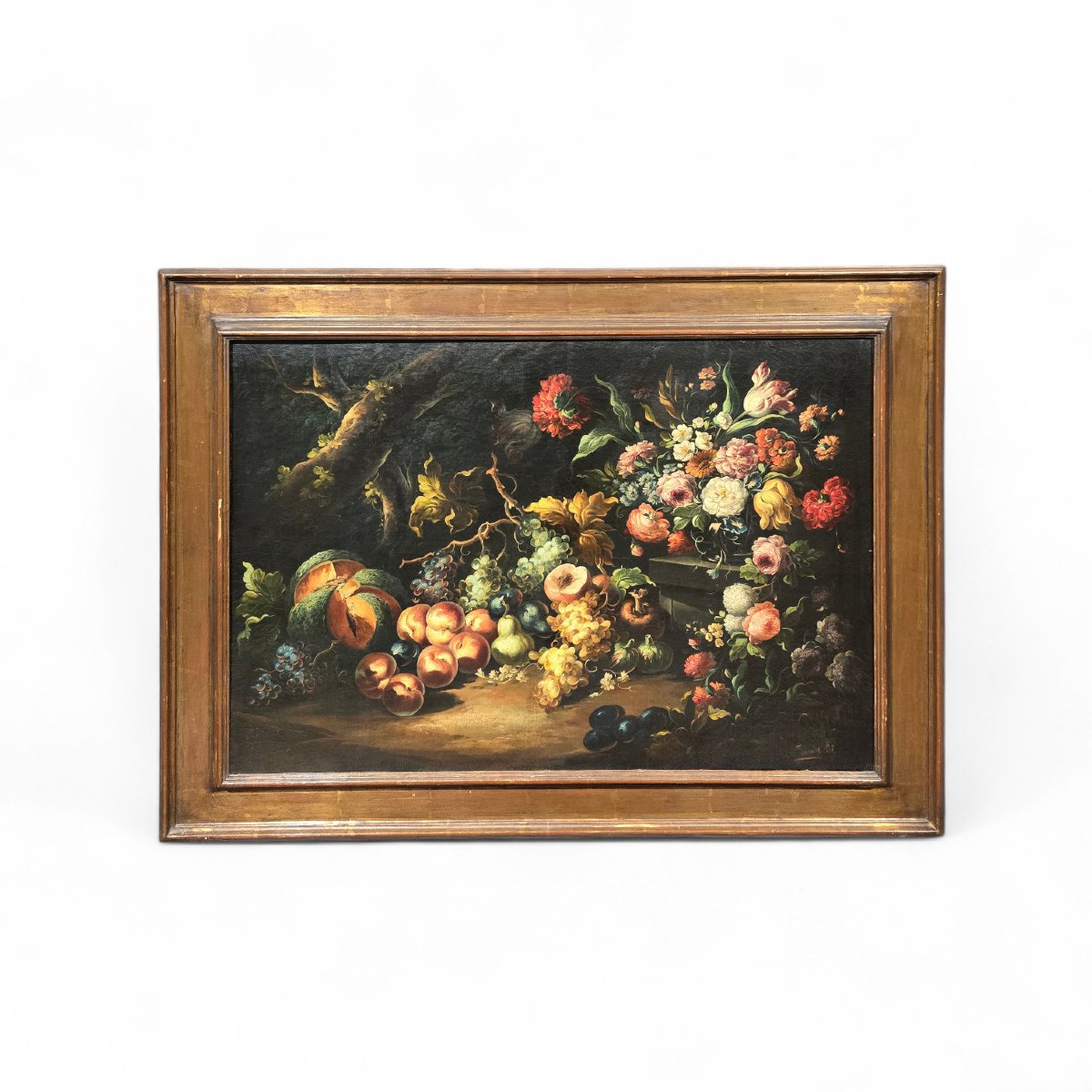 Peinture ancienne Nature morte aux fleurs et aux fruits-photo-1
