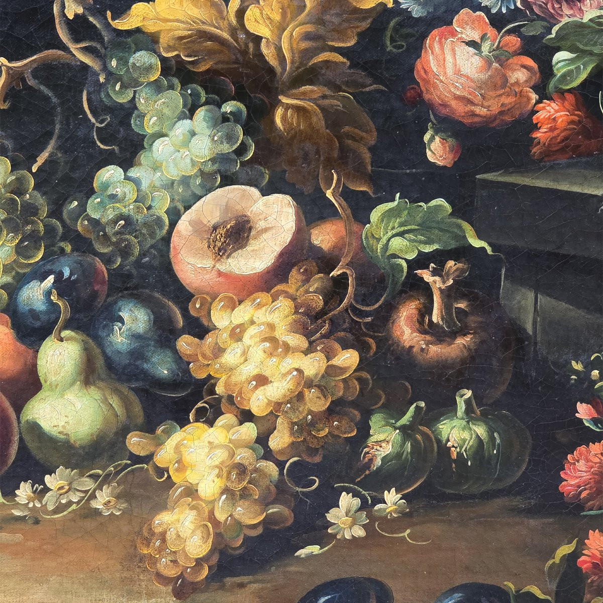 Peinture ancienne Nature morte aux fleurs et aux fruits-photo-3