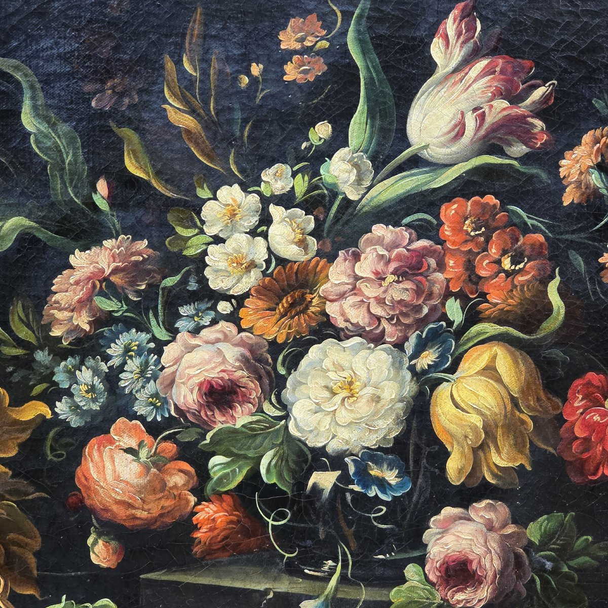 Peinture ancienne Nature morte aux fleurs et aux fruits-photo-4