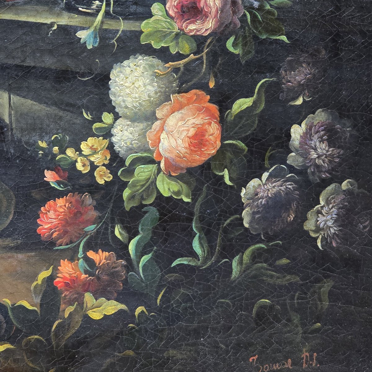 Peinture ancienne Nature morte aux fleurs et aux fruits-photo-5