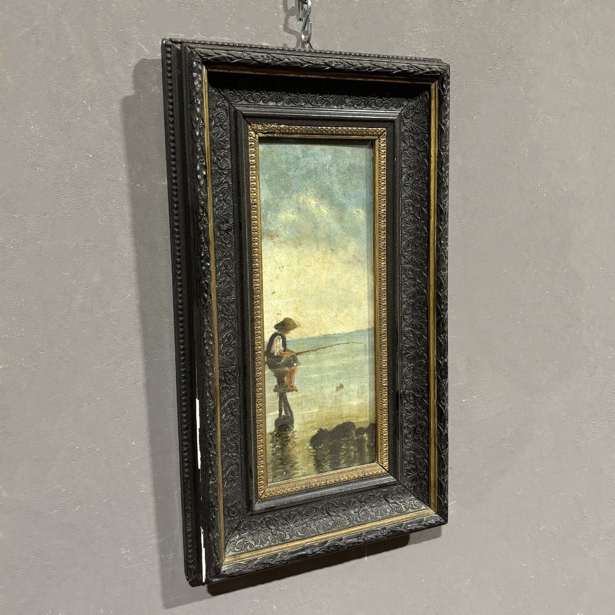 Peinture à l'huile sur panneau représentant un pêcheur et une scène marine.-photo-2
