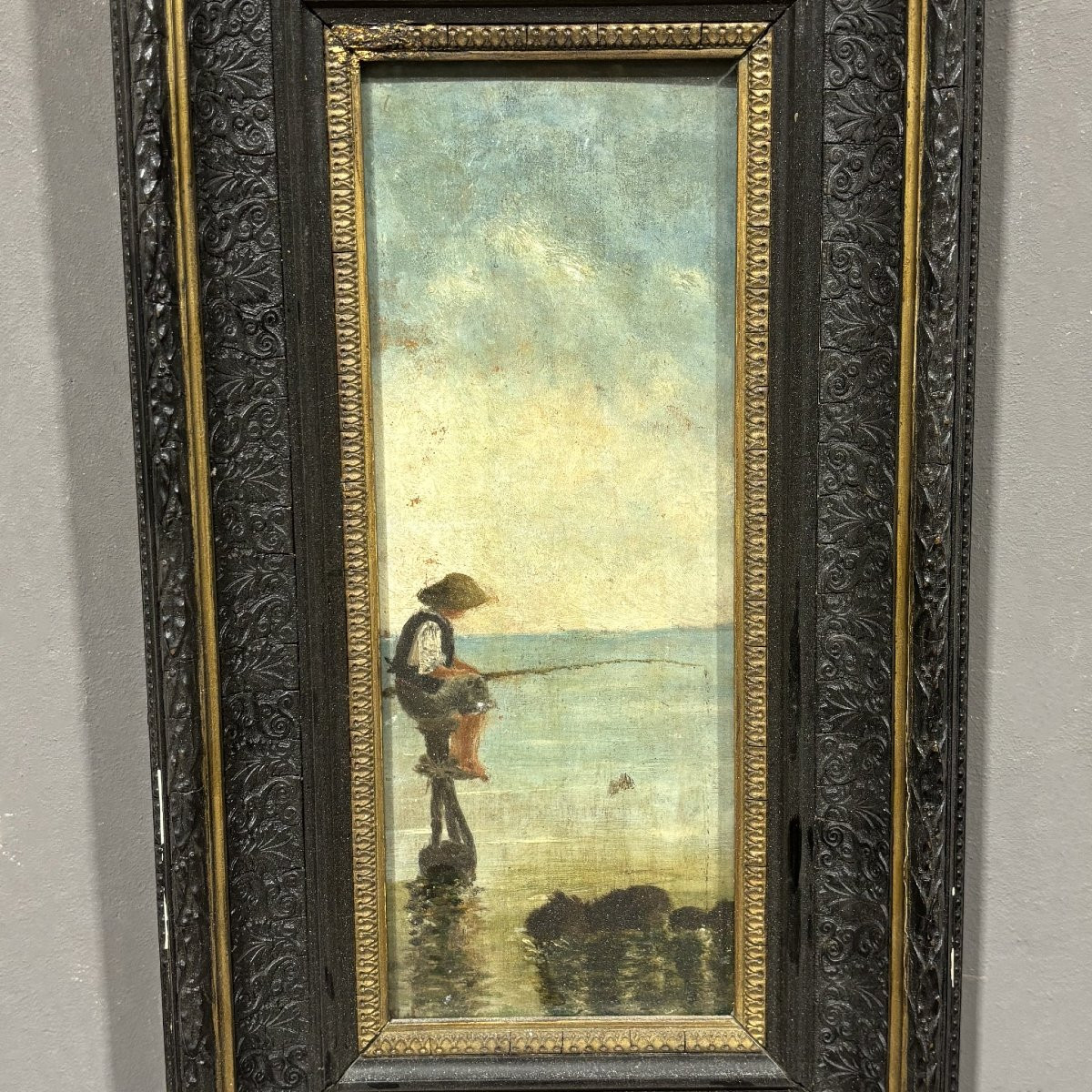 Peinture à l'huile sur panneau représentant un pêcheur et une scène marine.-photo-5