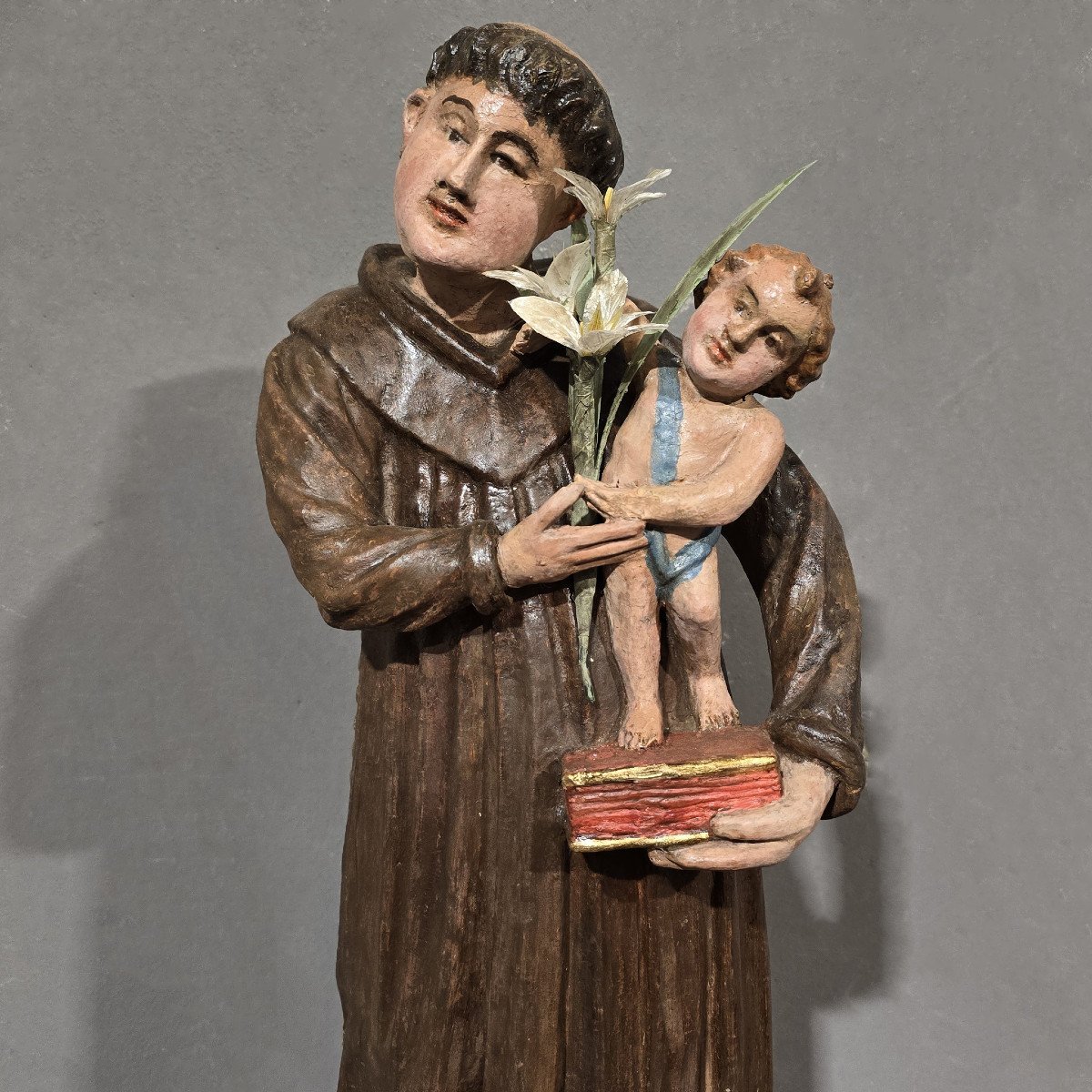 Sculpture Ancienne En Bois Polychrome De Saint Antoine-photo-4