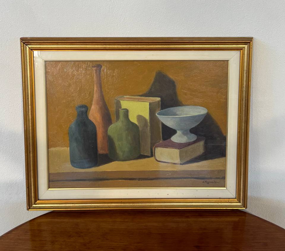 Lio Tognocchi – Still Life With Bottles And Book, Signed Oil On Canvas, 20th Century